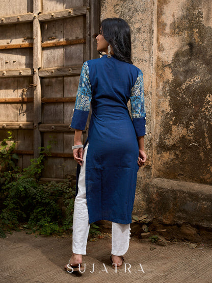 Stylish Navy Blue Cotton Kurta with Contemporary Printed Panel