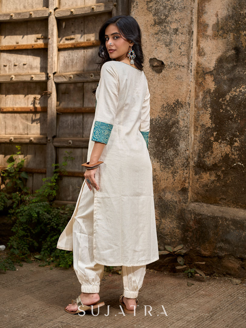 Off White Cotton Flex Kurta with Contrasting Teal Combination Yoke