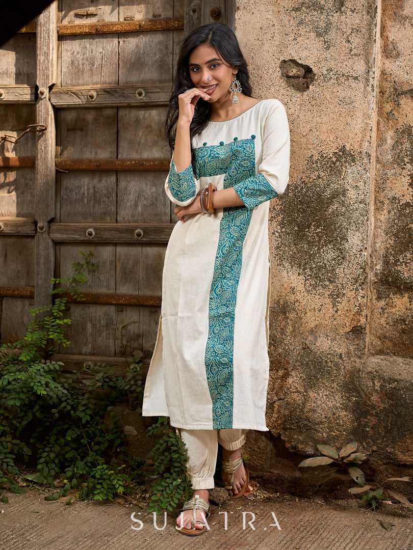 Off White Cotton Flex Kurta with Contrasting Teal Combination Yoke