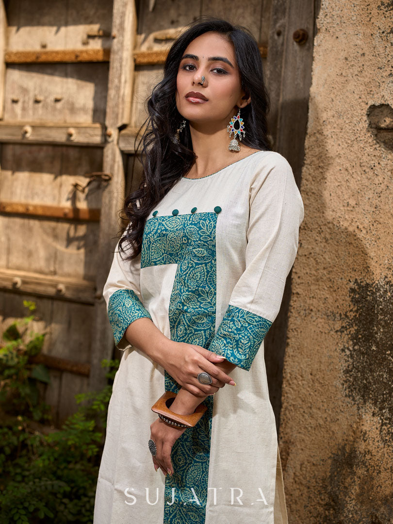 Off White Cotton Flex Kurta with Contrasting Teal Combination Yoke
