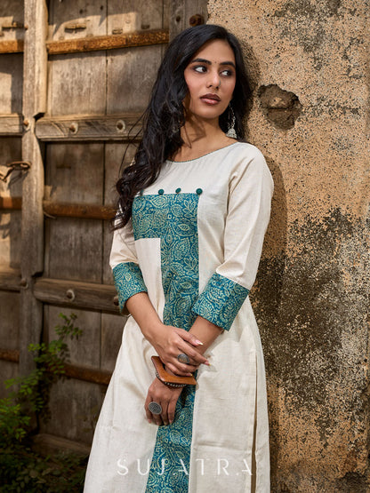 Off White Cotton Flex Kurta with Contrasting Teal Combination Yoke