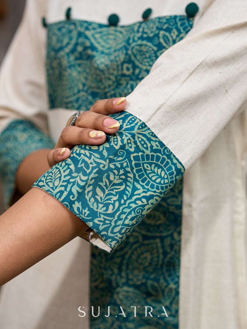Off White Cotton Flex Kurta with Contrasting Teal Combination Yoke - Pant Optional