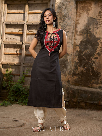 Black Cotton Contemporary Kurta with Printed Yoke and Contrast Accents