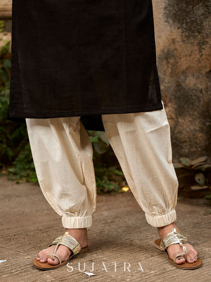 Black Cotton Contemporary Kurta with Printed Yoke and Contrast Accents