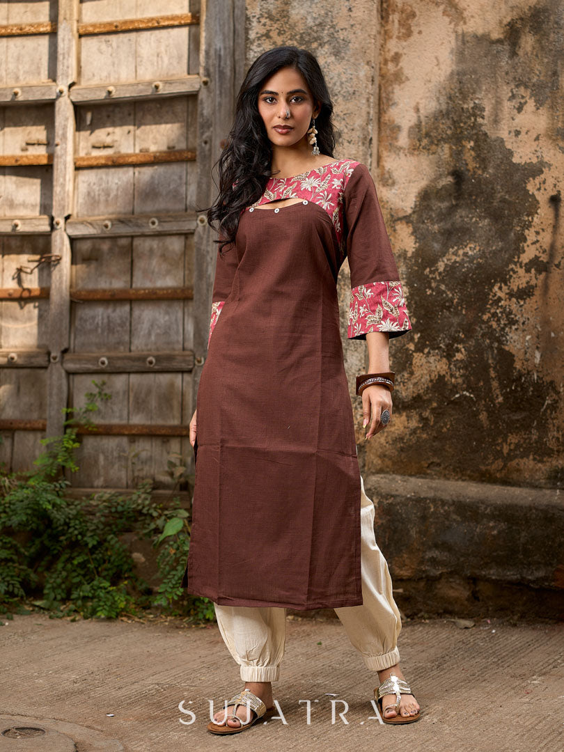 Chic Brown Cotton Kurta with Pink Floral Printed Yoke & Cuffed Flared Sleeves