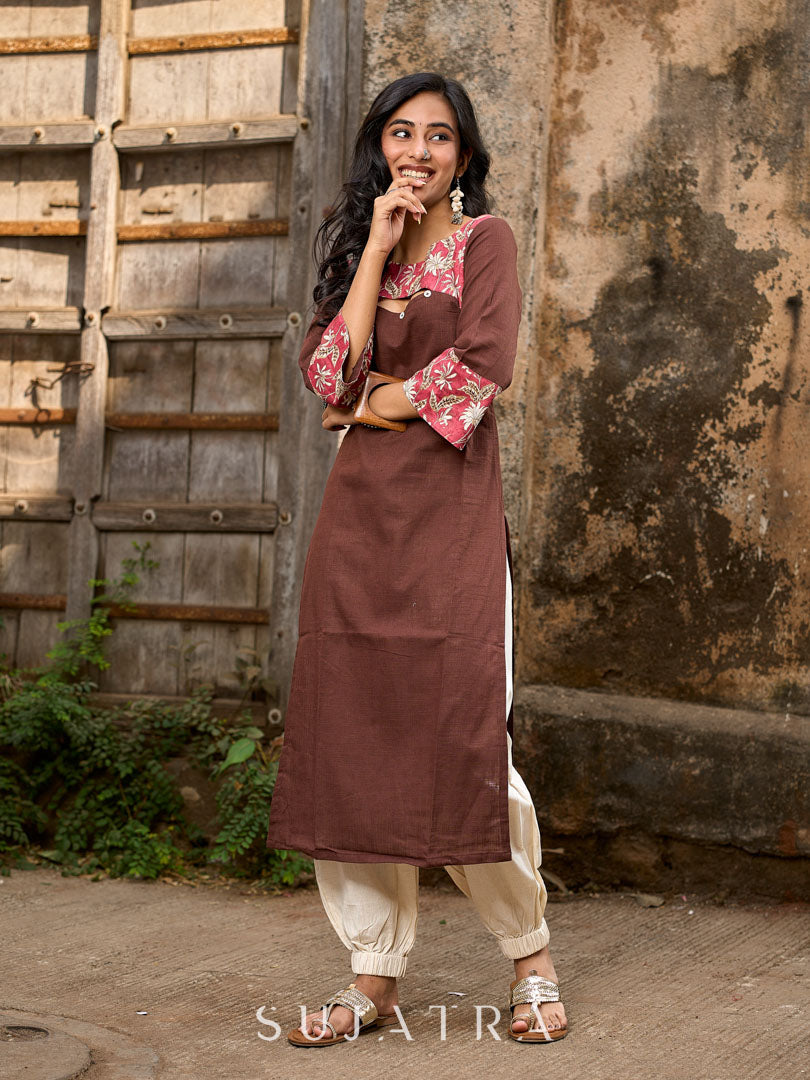 Chic Brown Cotton Kurta with Pink Floral Printed Yoke & Cuffed Flared Sleeves