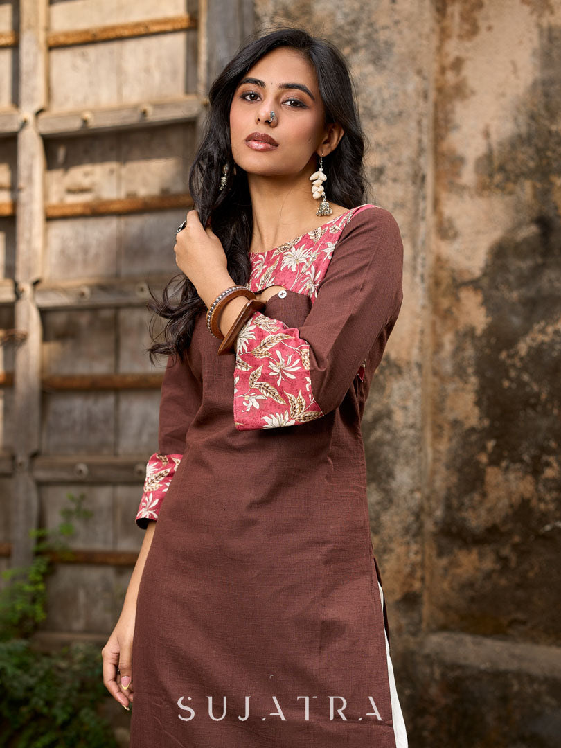 Chic Brown Cotton Kurta with Pink Floral Printed Yoke & Cuffed Flared Sleeves