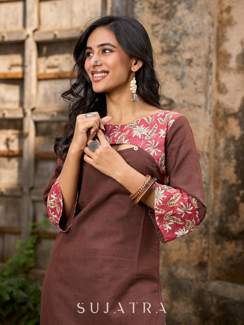 Chic Brown Cotton Kurta with Pink Floral Printed Yoke & Cuffed Flared Sleeves