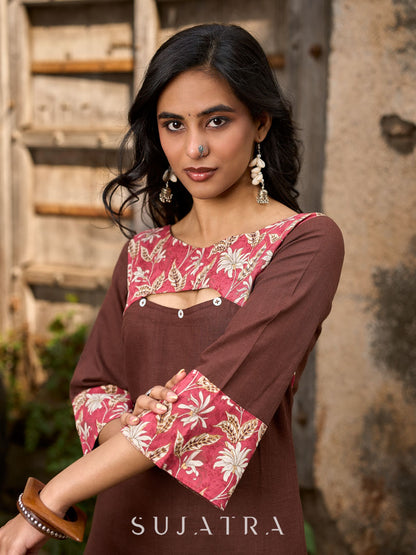Chic Brown Cotton Kurta with Pink Floral Printed Yoke & Cuffed Flared Sleeves