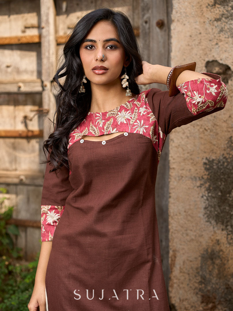 Chic Brown Cotton Kurta with Pink Floral Printed Yoke & Cuffed Flared Sleeves