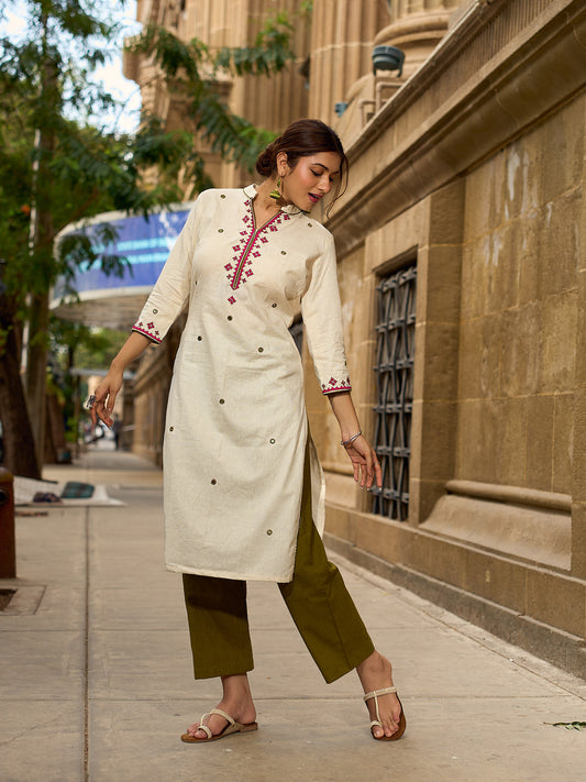 Heritage Off-White Cotton Flex Kurta with Traditional Mirror Kutchi Embroidered Yoke & Scattered Mirror Work