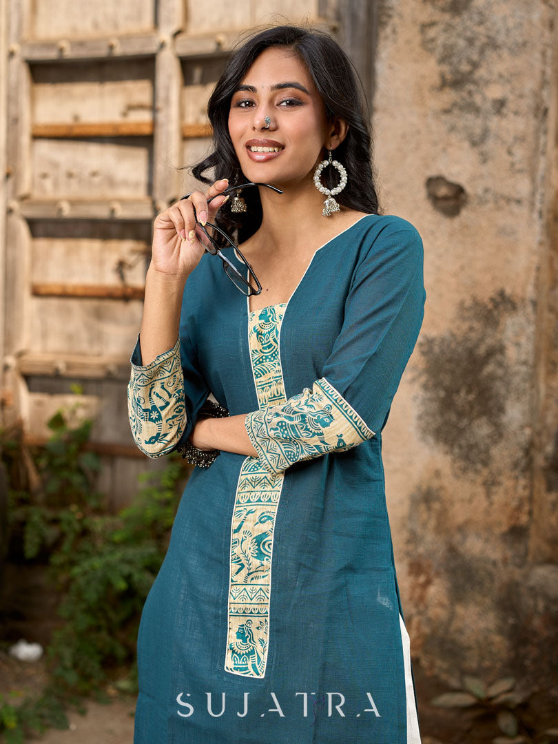 Artful Teal Cotton Kurta Featuring Madhubani Panel Yoke & Cuff Highlights