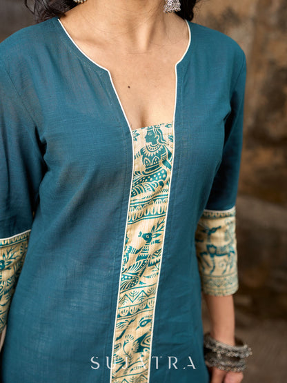 Artful Teal Cotton Kurta Featuring Madhubani Panel Yoke & Cuff Highlights