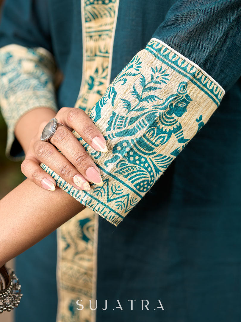 Artful Teal Cotton Kurta Featuring Madhubani Panel Yoke & Cuff Highlights