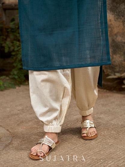 Off White Cotton Flex Gathered Pant with Elastic Bottom