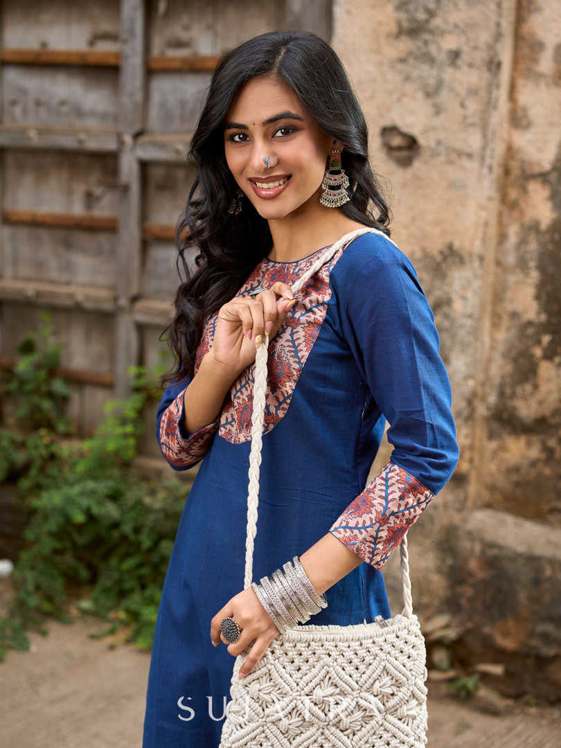 Elegant Navy Blue Cotton Kurta with Vibrant Printed Yoke & Statement Neckline