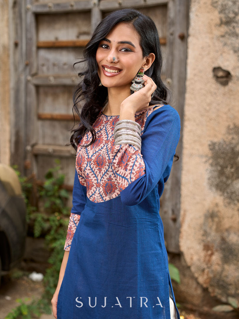 Elegant Navy Blue Cotton Kurta with Vibrant Printed Yoke & Statement Neckline