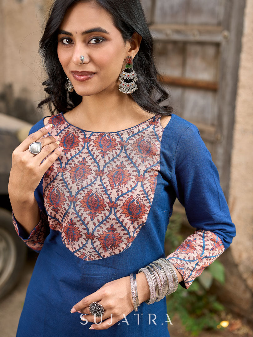 Elegant Navy Blue Cotton Kurta with Vibrant Printed Yoke & Statement Neckline
