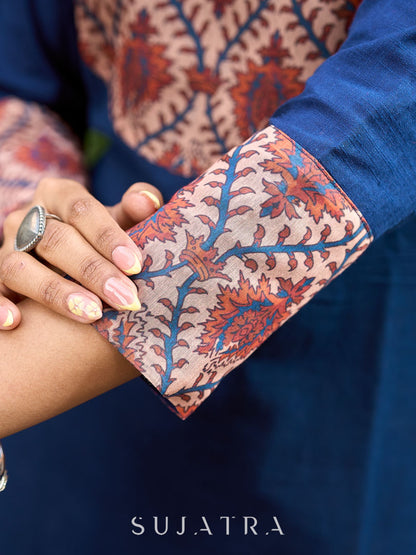 Elegant Navy Blue Cotton Kurta with Vibrant Printed Yoke & Statement Neckline