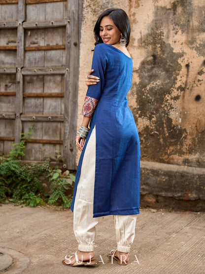 Elegant Navy Blue Cotton Kurta with Vibrant Printed Yoke & Statement Neckline