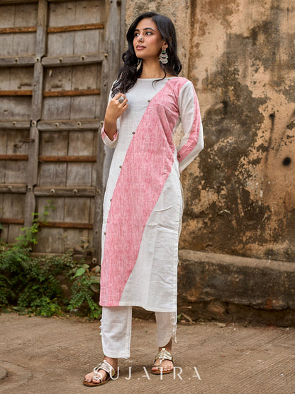 Chic White Cotton Straight Kurta with Pink Striped Front Panel & Sleeve