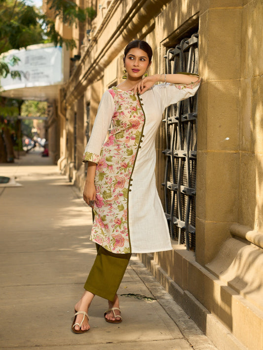 Tailored White Cotton Kurta with Pink Floral Printed Side Panel & Olive Trim Detailing