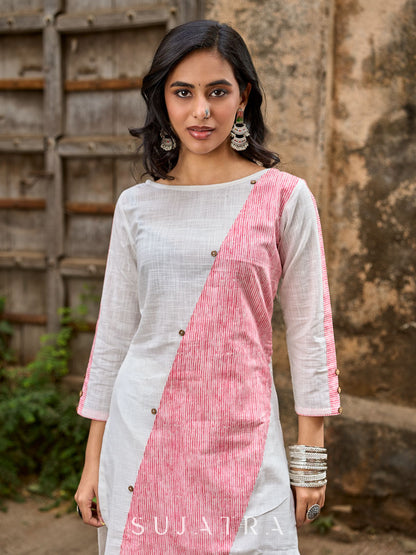 Chic White Cotton Straight Kurta with Pink Striped Front Panel & Sleeve