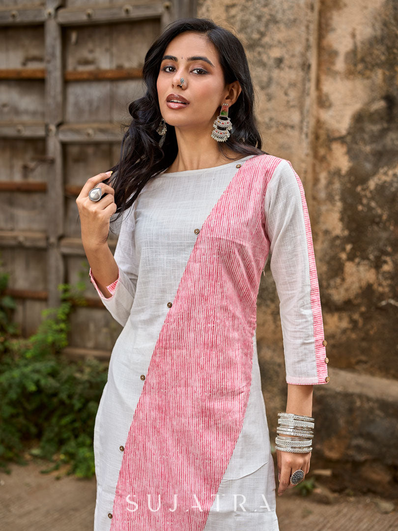 Chic White Cotton Straight Kurta with Pink Striped Front Panel & Sleeve