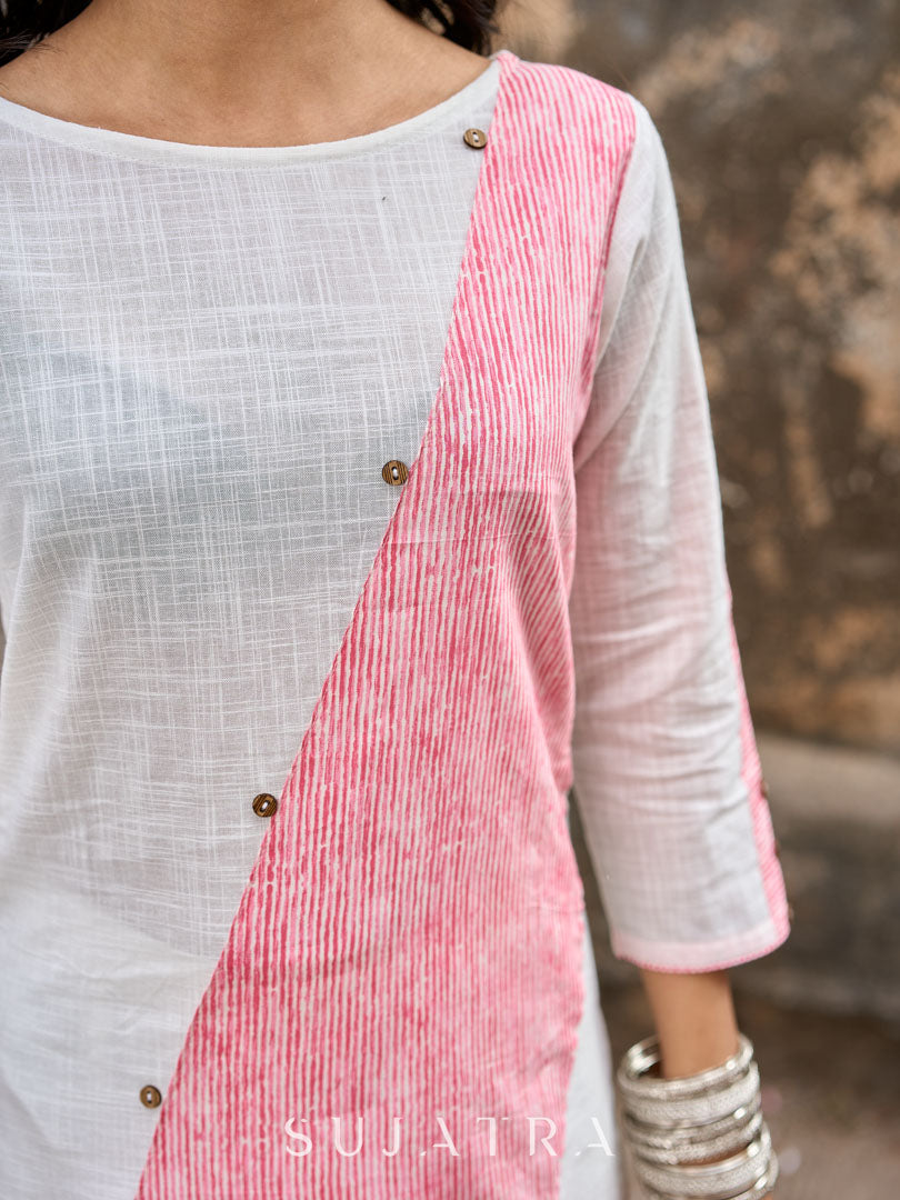 Chic White Cotton Straight Kurta with Pink Striped Front Panel & Sleeve