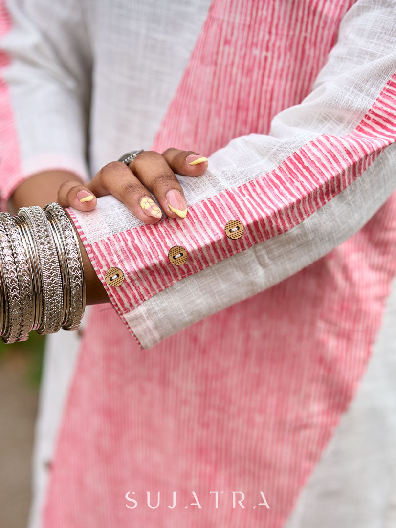 Chic White Cotton Straight Kurta with Pink Striped Front Panel & Sleeve