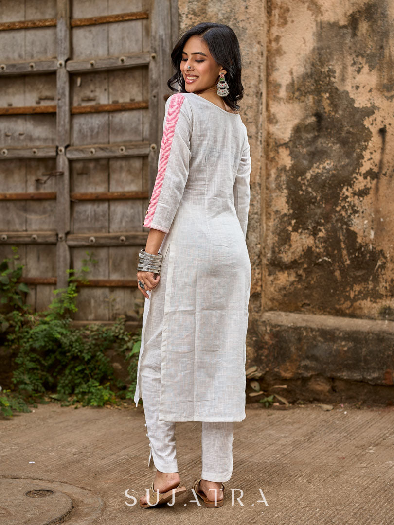 Chic White Cotton Straight Kurta with Pink Striped Front Panel & Sleeve