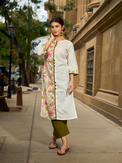 Tailored White Cotton Kurta with Pink Floral Printed Side Panel & Olive Trim Detailing