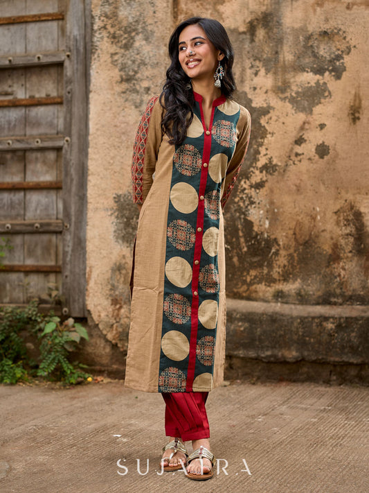 Beige Cotton Kurta with Artistic Circular Printed Panel, Highlight Placket & Sleeves