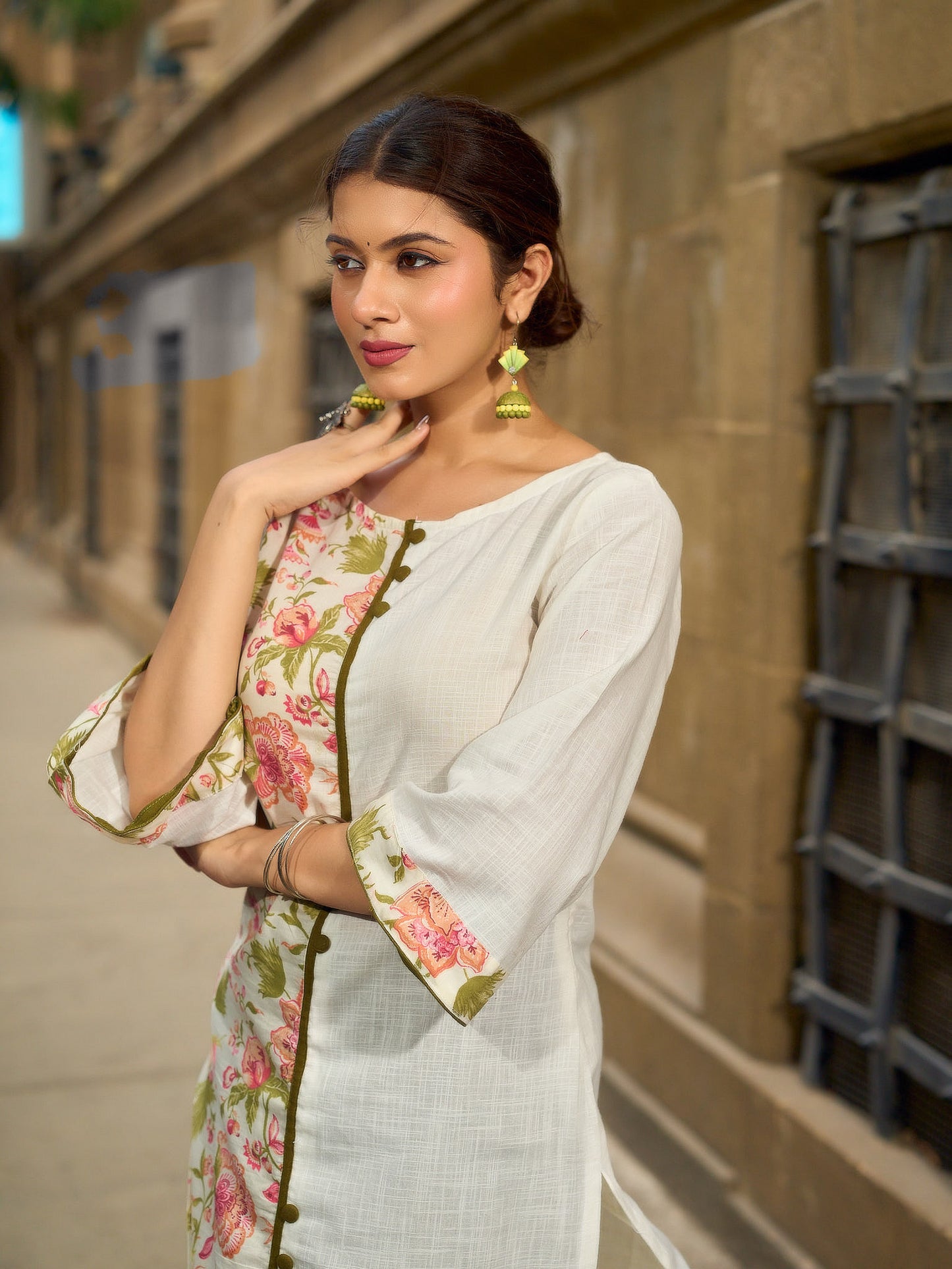 Tailored White Cotton Kurta with Pink Floral Printed Side Panel & Olive Trim Detailing