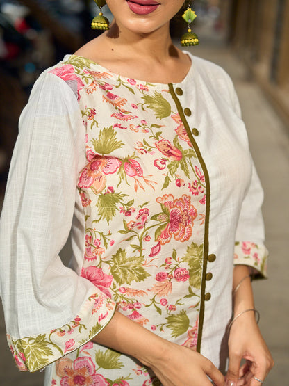 Tailored White Cotton Kurta with Pink Floral Printed Side Panel & Olive Trim Detailing