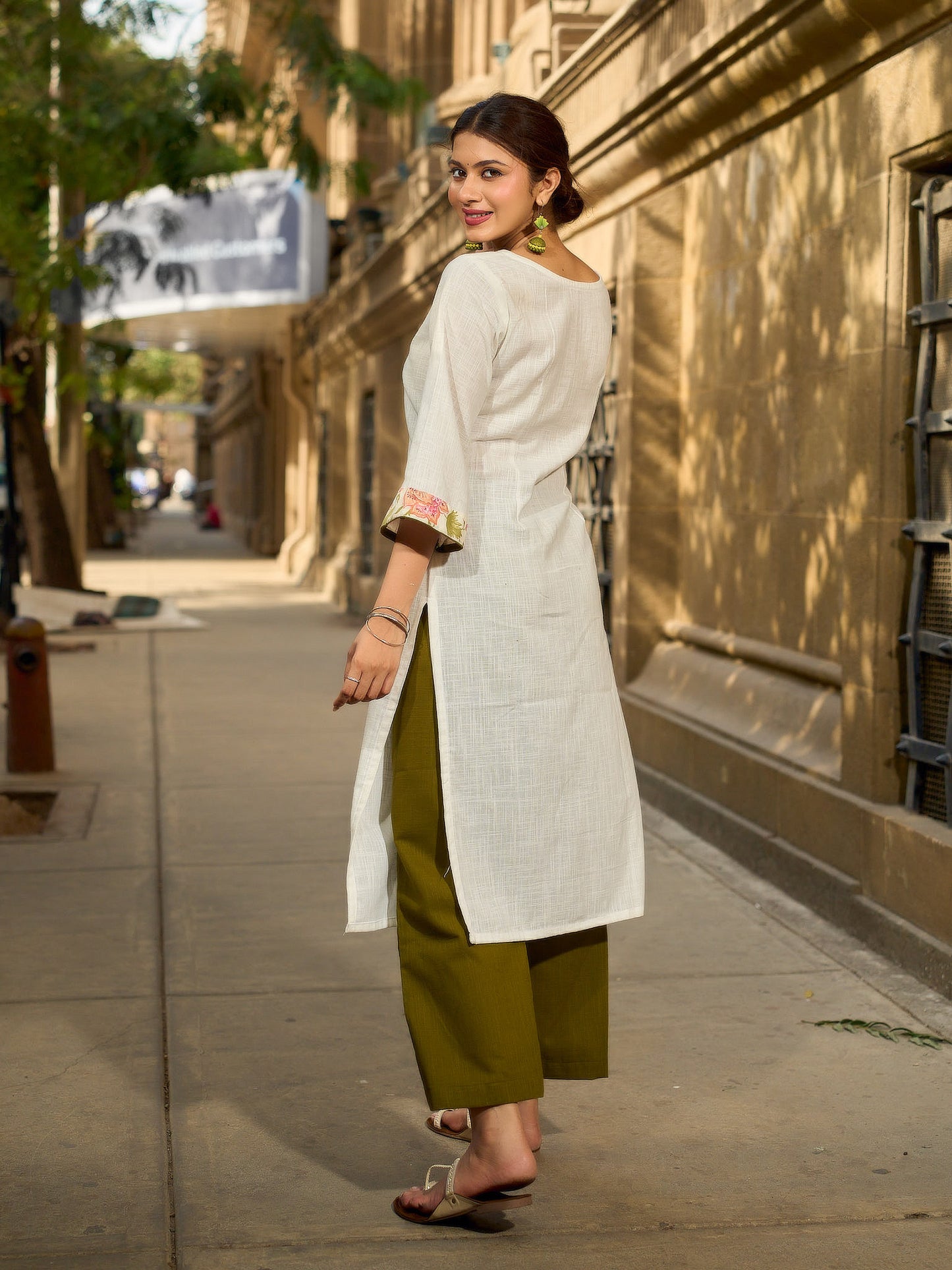 Tailored White Cotton Kurta with Pink Floral Printed Side Panel & Olive Trim Detailing