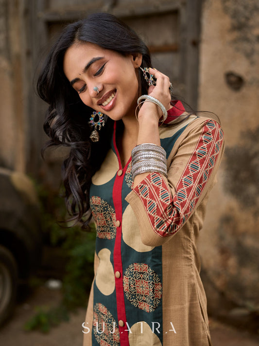 Beige Cotton Kurta with Artistic Circular Printed Panel, Highlight Placket & Sleeves