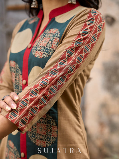 Beige Cotton Kurta with Artistic Circular Printed Panel, Highlight Placket & Sleeves
