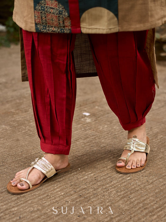 Maroon Minimal Style Cotton Pant with Front Pleats and Relaxed Fit