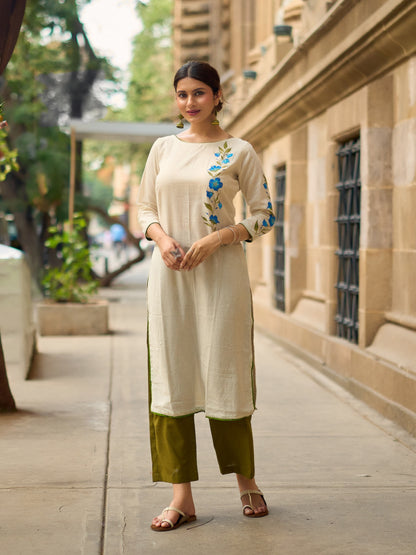 Serene Off-White Cotton Flex Kurta with Artistic Hand Painted Blue Floral Motif & Simple Silhouette