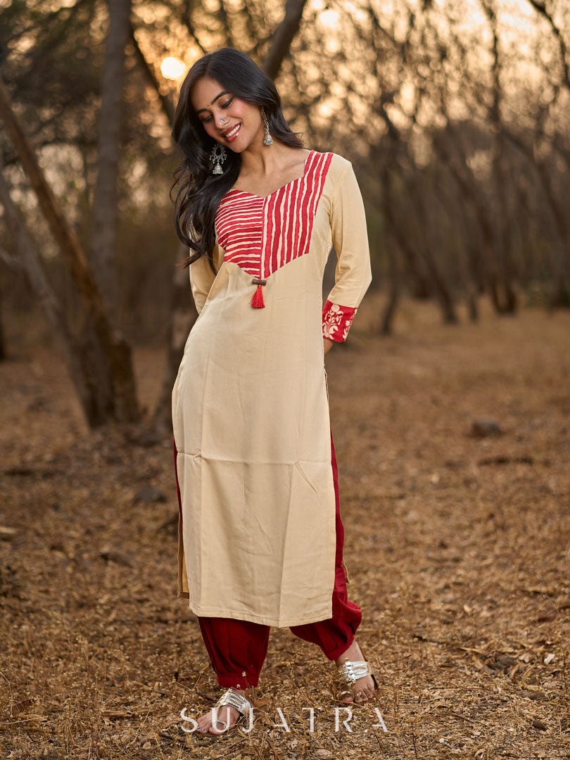 Graceful Light Beige Rayon Kurta with Maroon Striped Yoke & Floral Sleeves