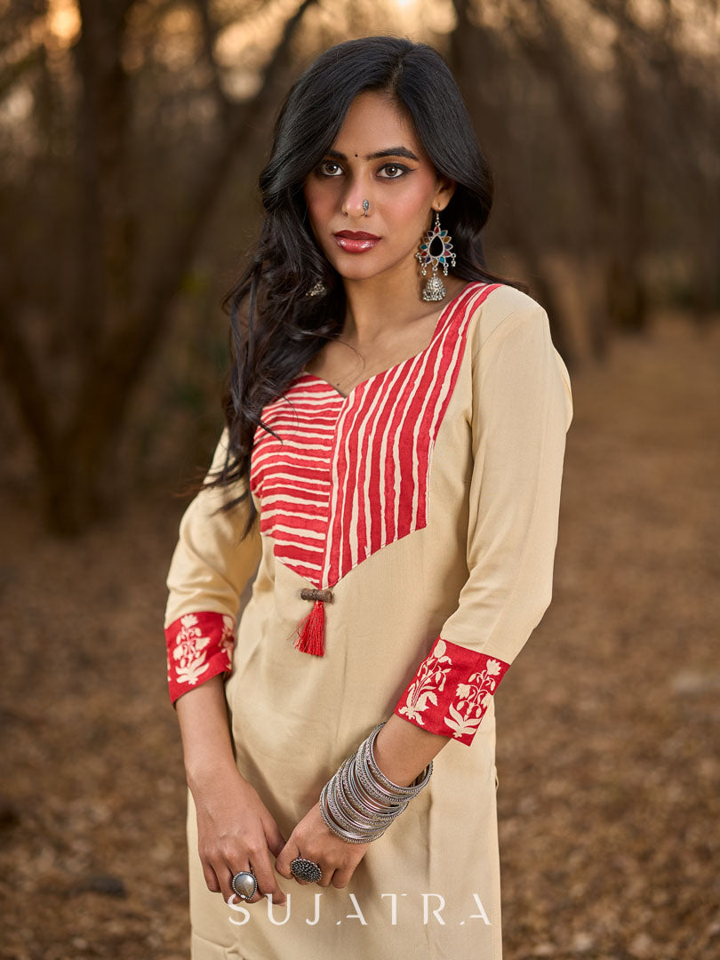 Graceful Light Beige Rayon Kurta with Maroon Striped Yoke & Floral Sleeves