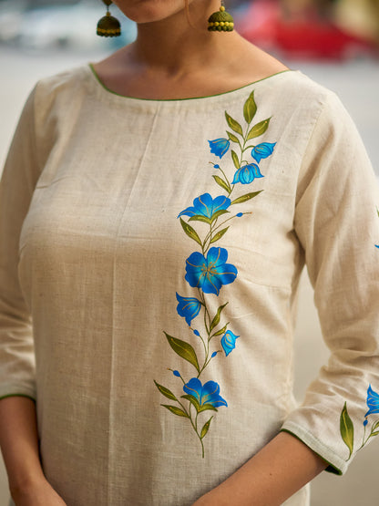 Serene Off-White Cotton Flex Kurta with Artistic Hand Painted Blue Floral Motif & Simple Silhouette