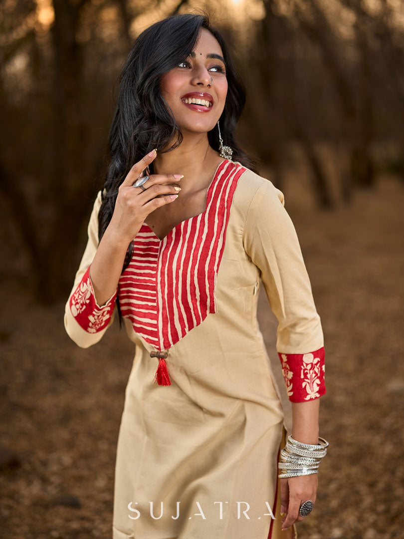 Graceful Light Beige Rayon Kurta with Maroon Striped Yoke & Floral Sleeves