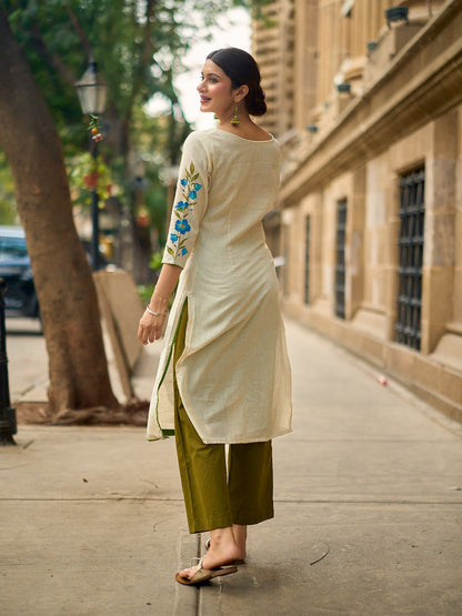 Serene Off-White Cotton Flex Kurta with Artistic Hand Painted Blue Floral Motif & Simple Silhouette