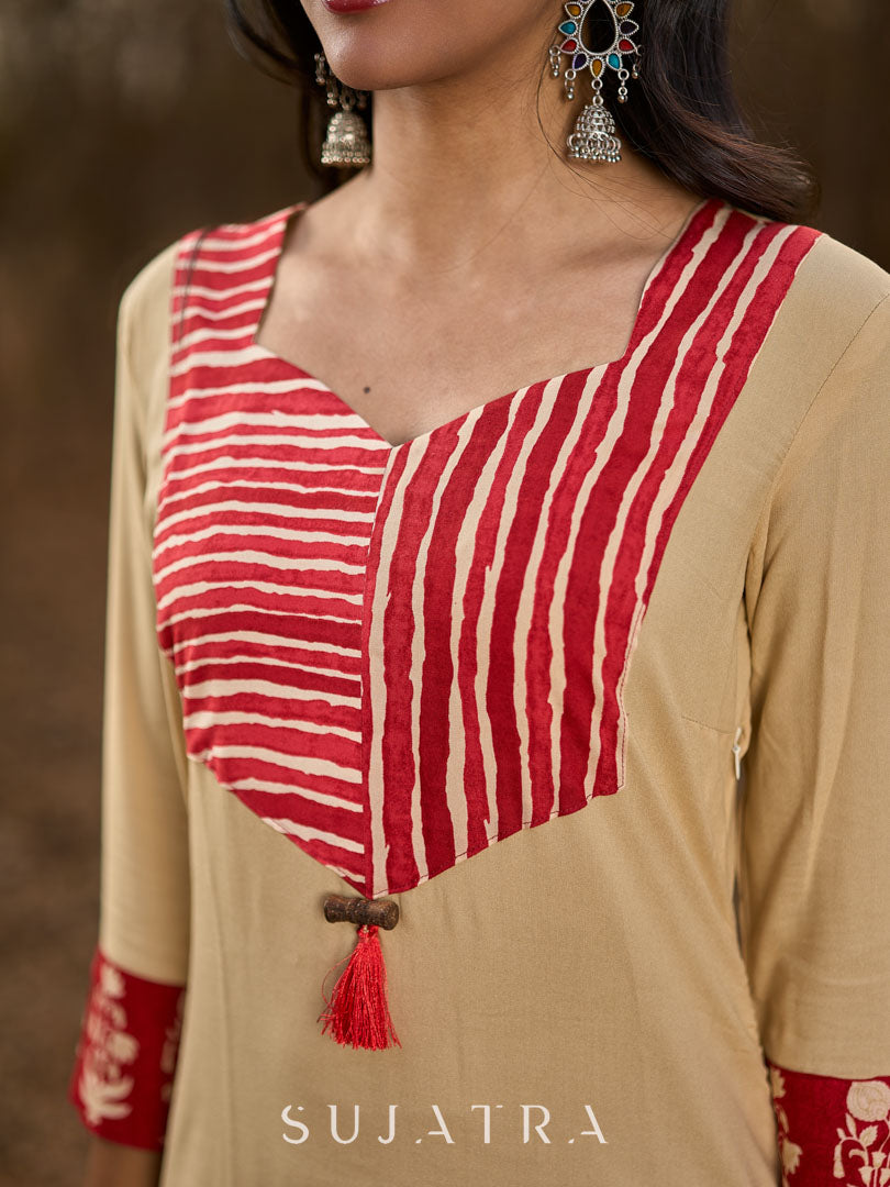 Graceful Light Beige Rayon Kurta with Maroon Striped Yoke & Floral Sleeves - Pant Optional
