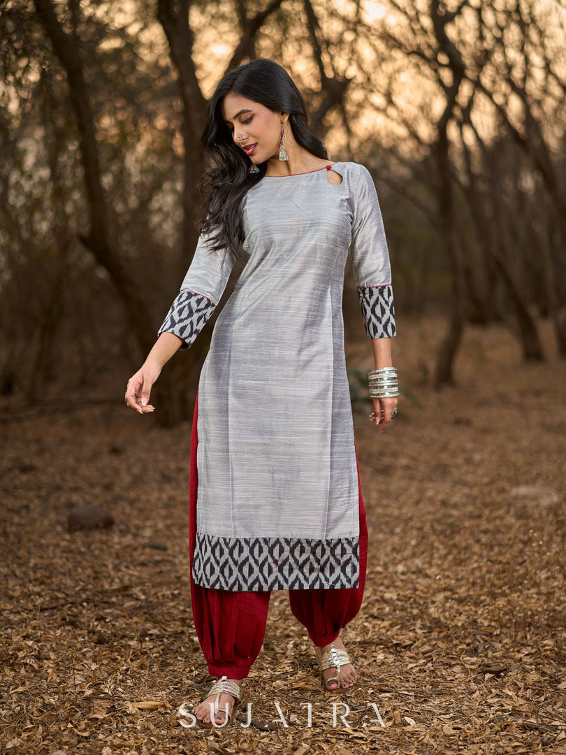Timeless Grey Cotton Silk Kurta with Keyhole Neckline, Ikat Hem & Cuff Design