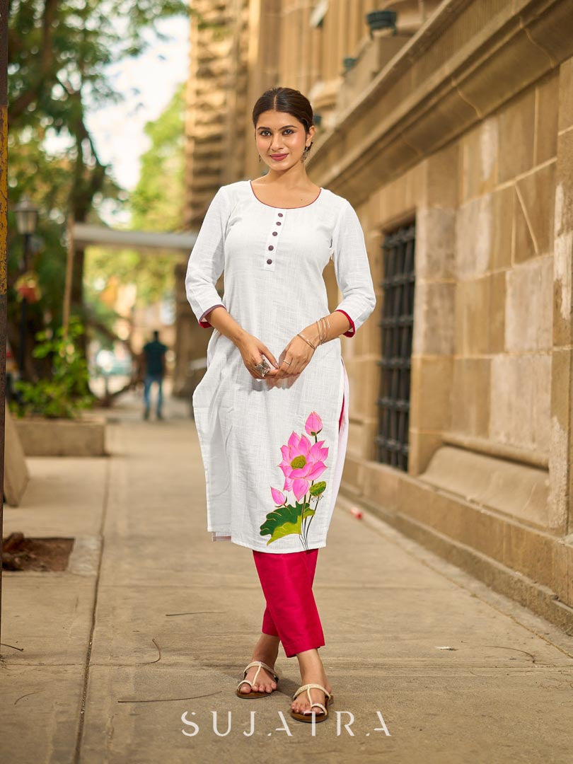 Blooming White Cotton Kurta with Signature Pichwai Hand Painted Pink Lotus & Contrast Trim Detail