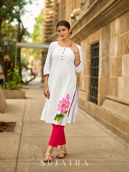 Blooming White Cotton Kurta with Signature Pichwai Hand Painted Pink Lotus & Contrast Trim Detail