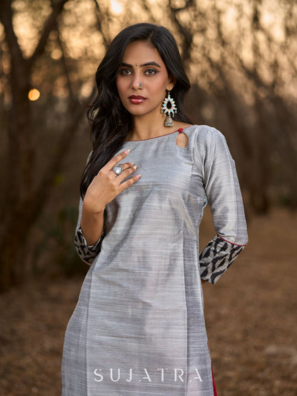 Timeless Grey Cotton Silk Kurta with Keyhole Neckline, Ikat Hem & Cuff Design